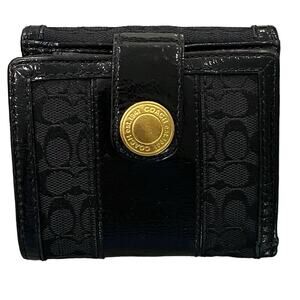 EUC Coach Monogram Canvas Patent Leather Black and Gold Bifold Unisex Wallet